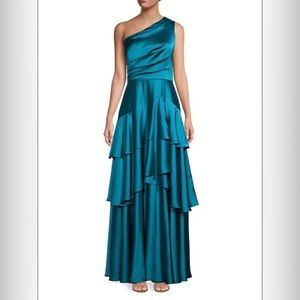 Aidan Mattox One-Shoulder Tiered Satin Ball Gown
